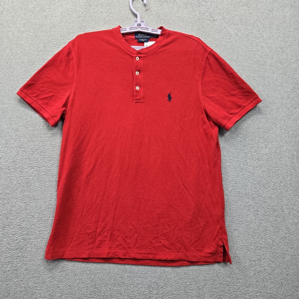 Polo Ralph Lauren Men Shirt M Red Embroidered Featherweight Mesh Henley Button